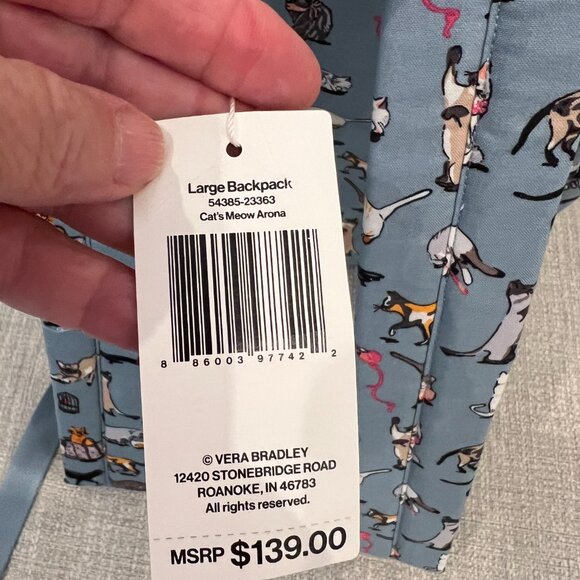 VERA BRADLEY Quilted Blue Essensial Large Cat's Meow Backpack - Picture 4 of 8